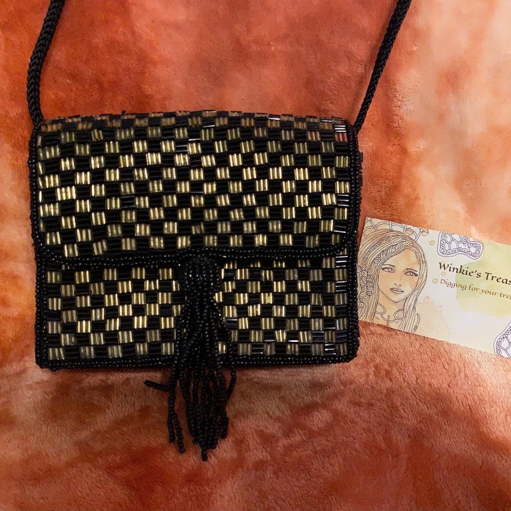 Magid Beaded Black and Gold Evening Bag with Beaded Tassel